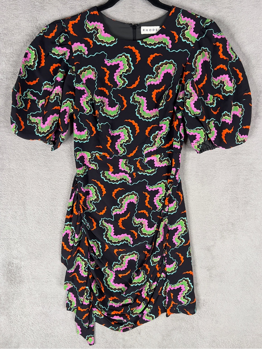 Rhode Pia Mini Dress Women's Size 2 Soundwave Print Billowy Ruched Asymmetric - Picture 3 of 15